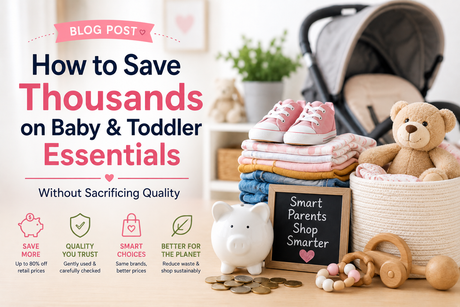 Blog banner promoting baby and toddler savings, quality-checked resale, smart choices, and reduced waste