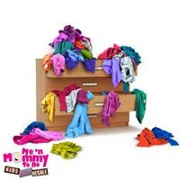 Drawer overflowing with colorful children's clothes and toys, clothing resale concept