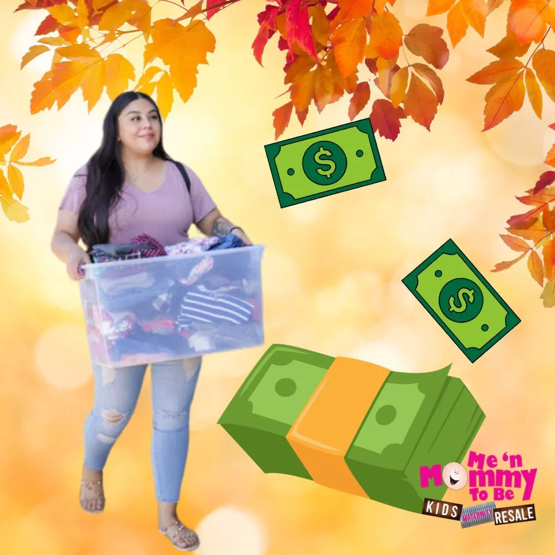 Woman carrying clear bin of kids clothes, autumn leaves, cartoon cash, Me 'n Mommy To Be resale