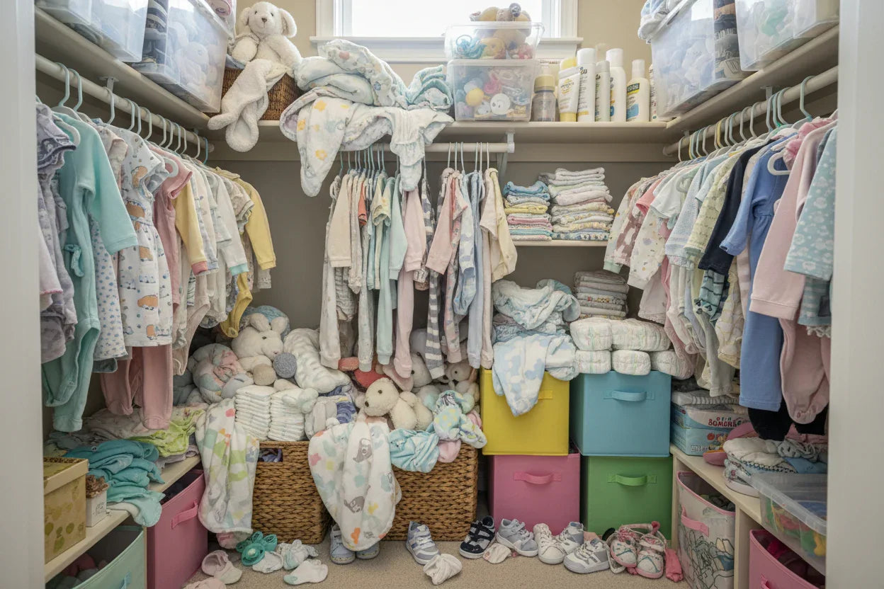 Cluttered baby closet with assorted baby clothes, shoes, stuffed animals, and storage bins