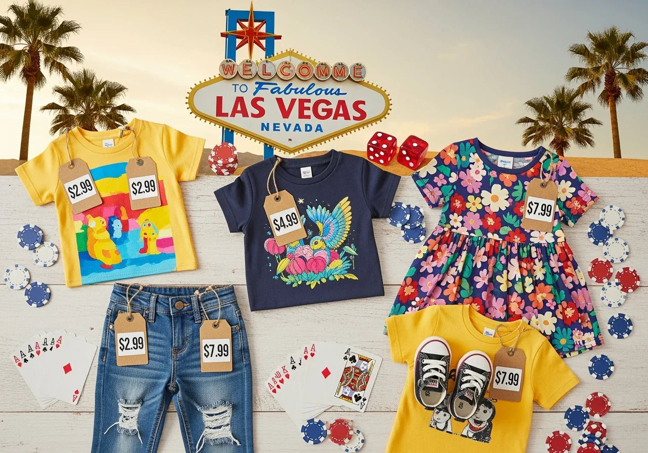 Kids clothing and jeans with price tags in front of Las Vegas sign, poker chips, and cards