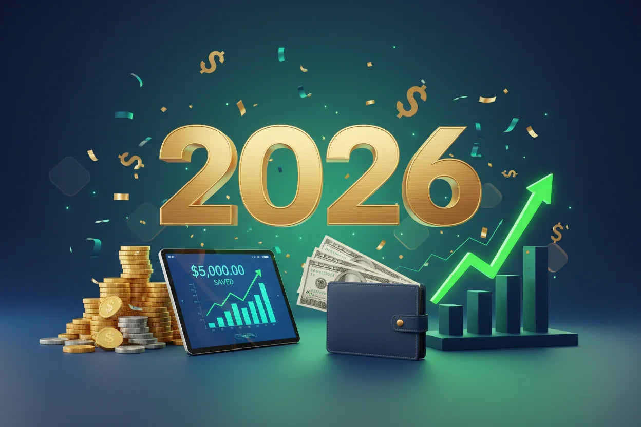 2026 new year saving money concept with gold coins, tablet showing savings, wallet, and upward graph
