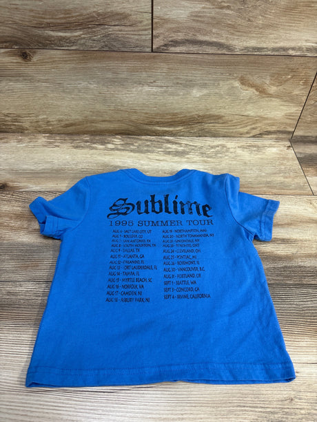 Back view of blue Sublime shirt in size 3T showcasing 1995 Summer Tour graphic with tour dates on a wood surface