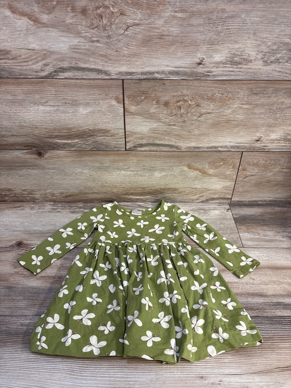 Hanna Andersson Long Sleeve Skater Dress in Butterflies on Moss Green sz 2T