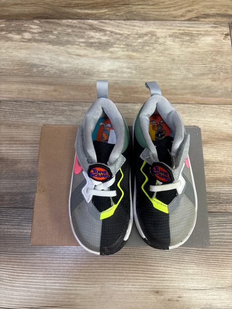 Top view of Space Jam x LeBron 18 Low TD Bugs x Nike Marvin sneakers showing gray, black, and neon yellow panels