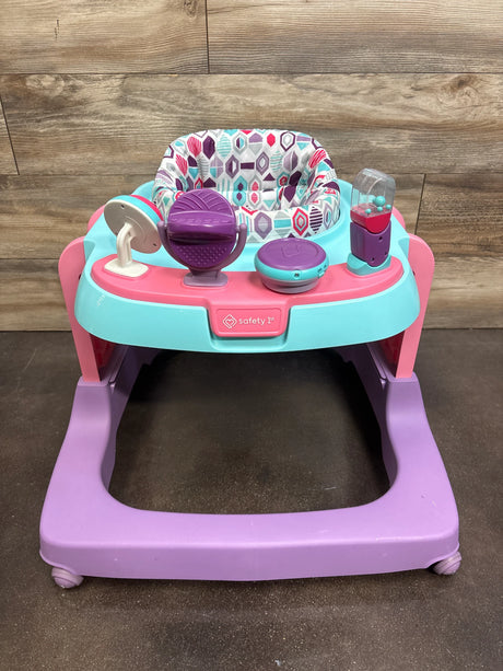 Front view of Safety 1st Ready Set Walk DX walker in Lavender Buzz with toy activity tray, patterned padded seat, purple base