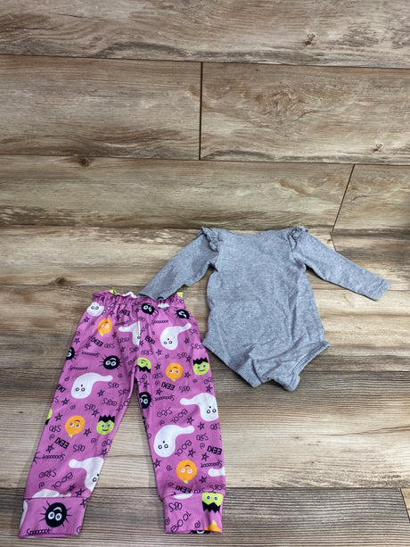 Top-down view of HINTINA 2pc My 1st Boo bodysuit and pants set showcasing gray long sleeves and Halloween print pants on a wood floor