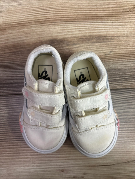 Top view of Vans Old Skool V Floral Cream Sneakers sz 5c showing floral details and hook-and-loop straps on wood grain
