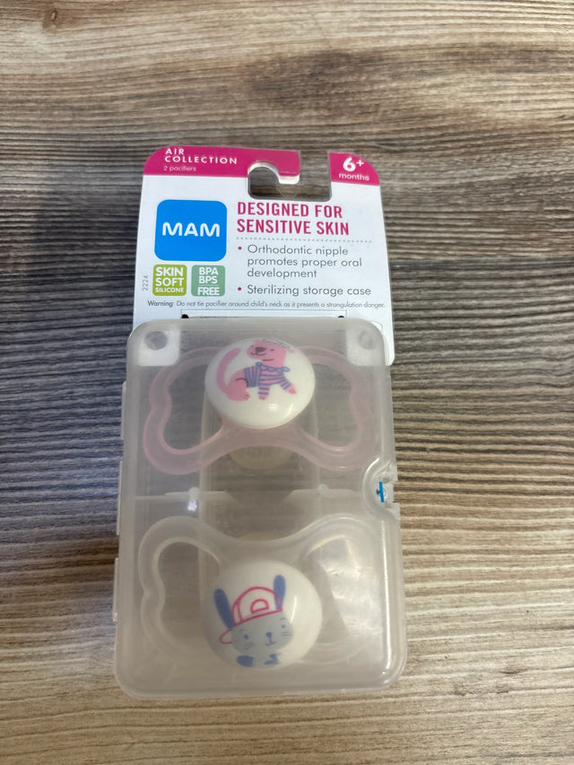 MAM baby pacifiers for sensitive skin with animal designs in a sterilizing storage case