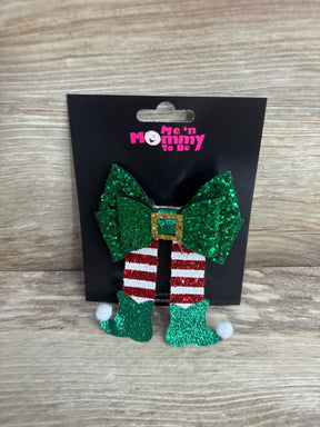 Glittery green elf bow with red and white striped legs, perfect for kids' holiday outfits