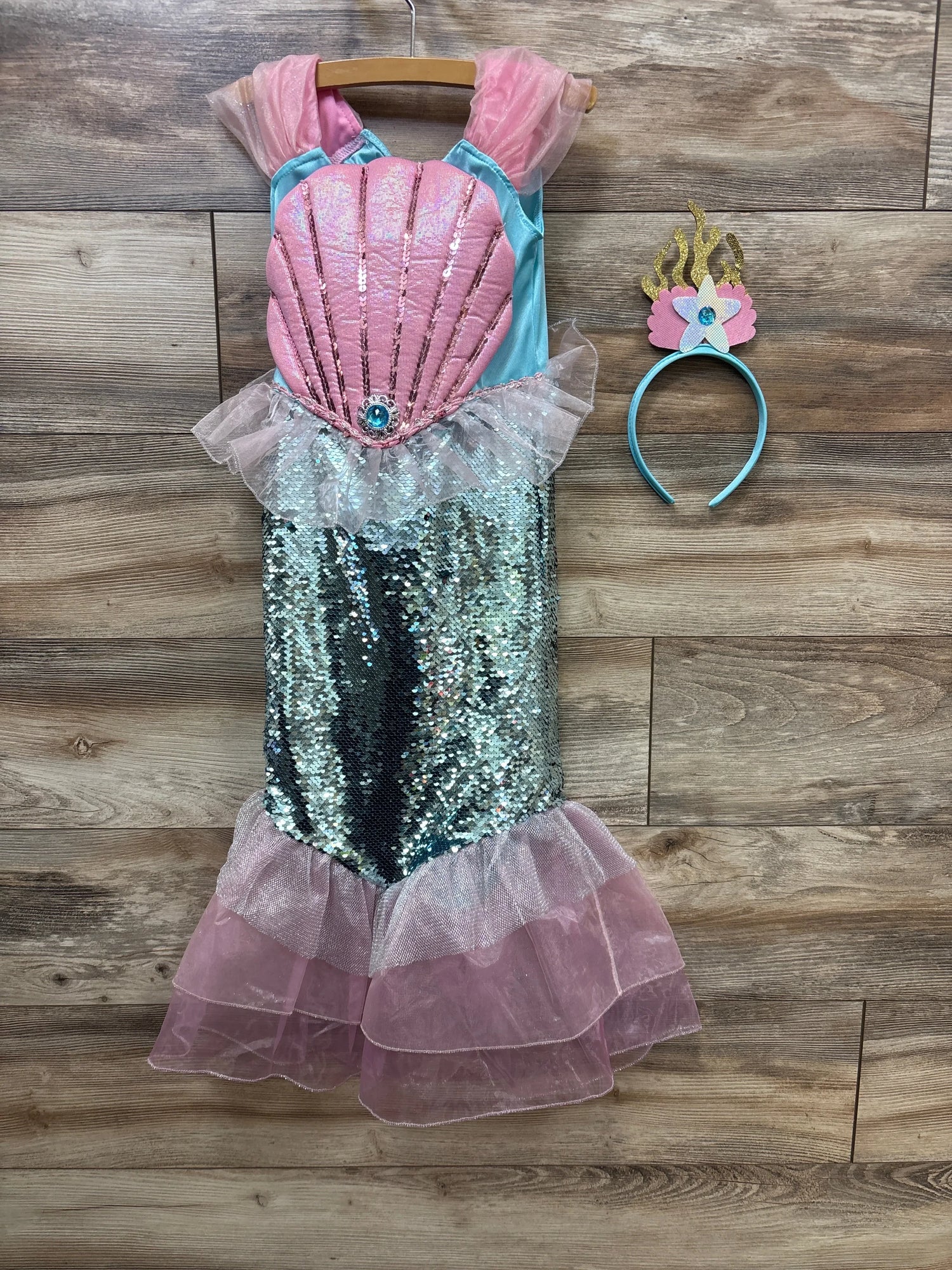 Pink and teal mermaid costume with sequins, tulle skirt, and matching headband for kids