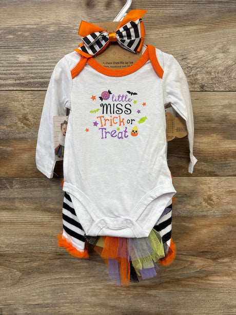 Front view of white Halloween tutu layette set with orange trim, striped bow, and multicolor tutu on wood background