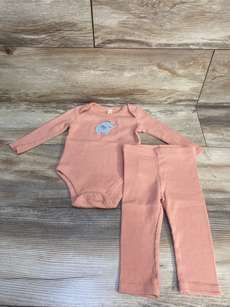 Peach ribbed baby outfit set with long sleeve elephant bodysuit and matching pants