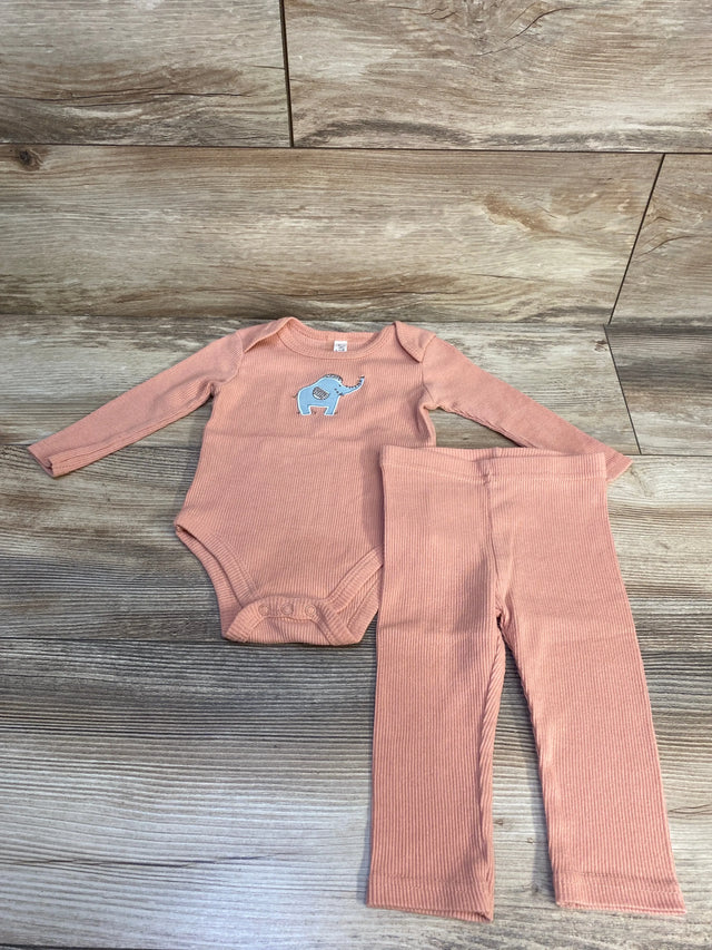 Peach ribbed baby outfit set with long sleeve elephant bodysuit and matching pants