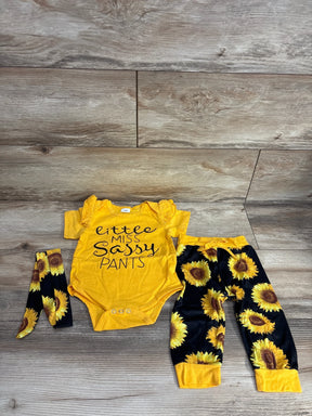 Yellow baby girl outfit set with sunflower pants, matching headband, and 'Little Miss Sassy Pants' onesie
