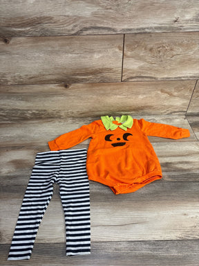Orange pumpkin baby onesie with green collar and striped pants, kids Halloween outfit