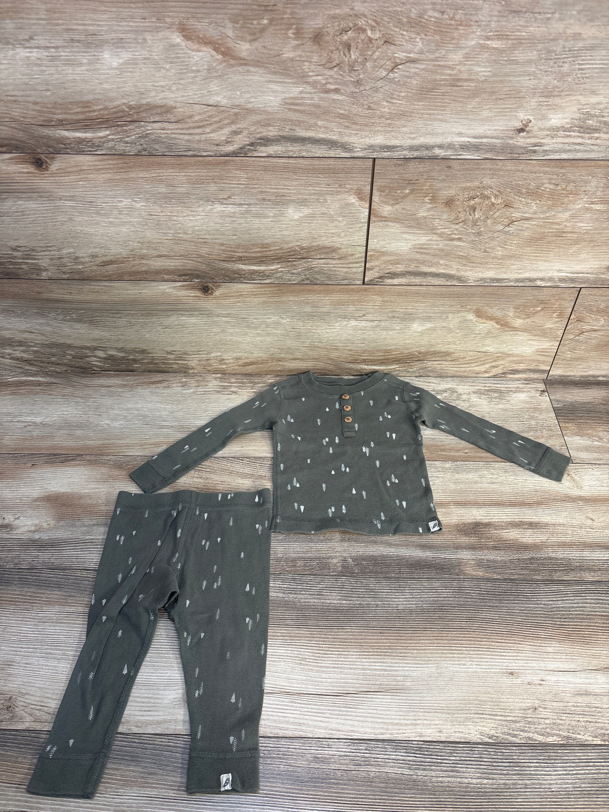 Easy Peasy Organic 2pc Tree Print Henley Shirt & Pants Set Green sz 18m