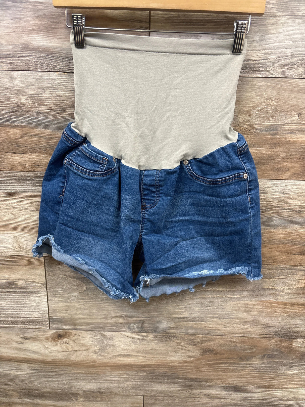 Haute Mama Maternity Full Panel Denim Frayed Trim Shorts Light Blue sz Large