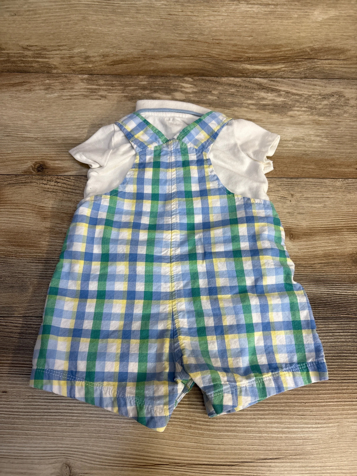 Baby boy plaid romper with white shirt, blue green yellow checkered overalls for infants