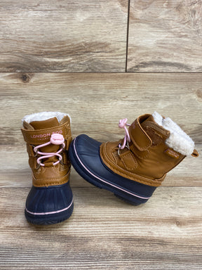London Fog toddler brown winter boots with black soles and white fur lining on wooden floor