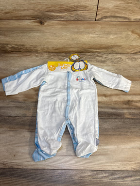 Garfield Baby blue and white striped footed sleeper on wood floor with tag