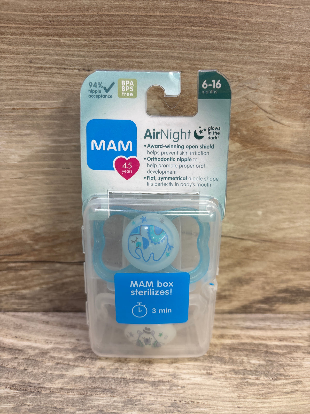 NEW MAM Air Night 2pk Pacifiers, Glow-in-the-Dark Blue/Clear 6-16m