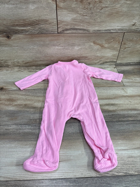 Top view of Little Me pink ribbed sleeper, size 9m, with long sleeves and enclosed feet on wood-grain background