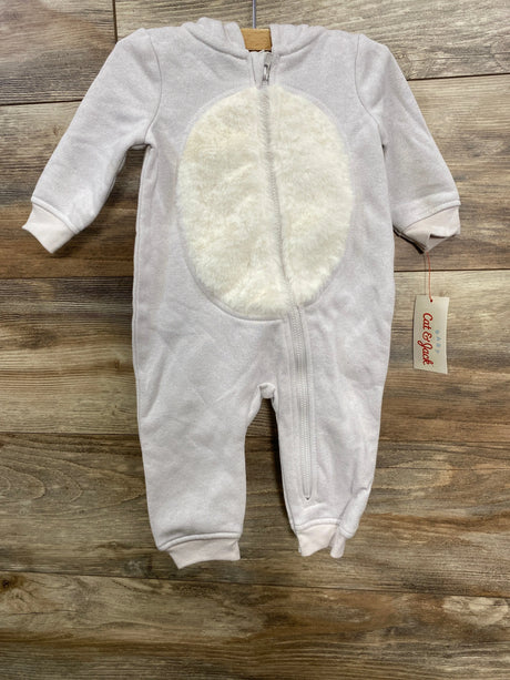 Light gray baby onesie with fuzzy white oval on the front, long sleeves, zipper, and Cat & Jack tag