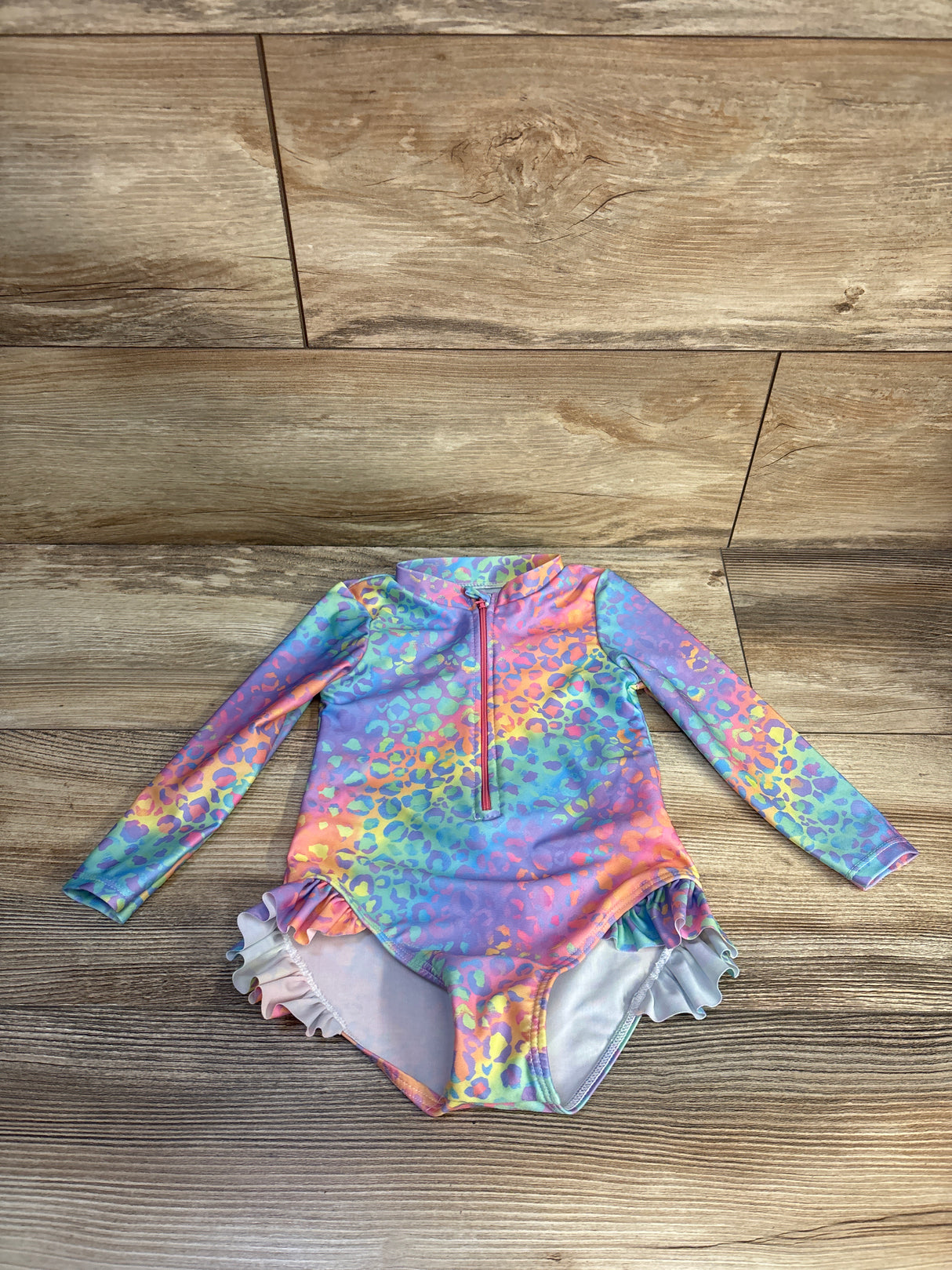 One Opening 1pc Zipper Rash Guard Swimsuit in Rianbow Leopard sz 2-3T