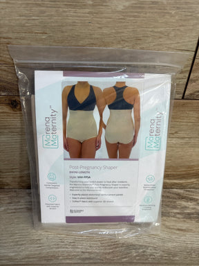 Front and back views of Marena Maternity bikini-length postpartum shaper, beige, showing abdominal support, in clear packaging