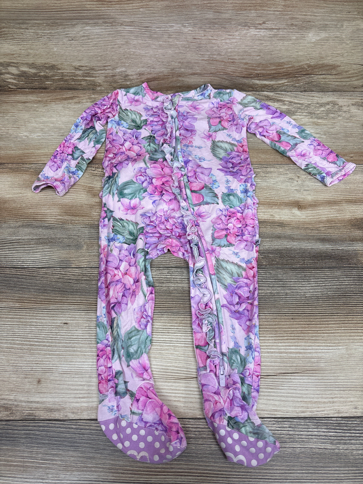 Bums & Roses 'You Had Me at Hydrangea' Bamboo Ruffle Footie Pink sz 12-18m