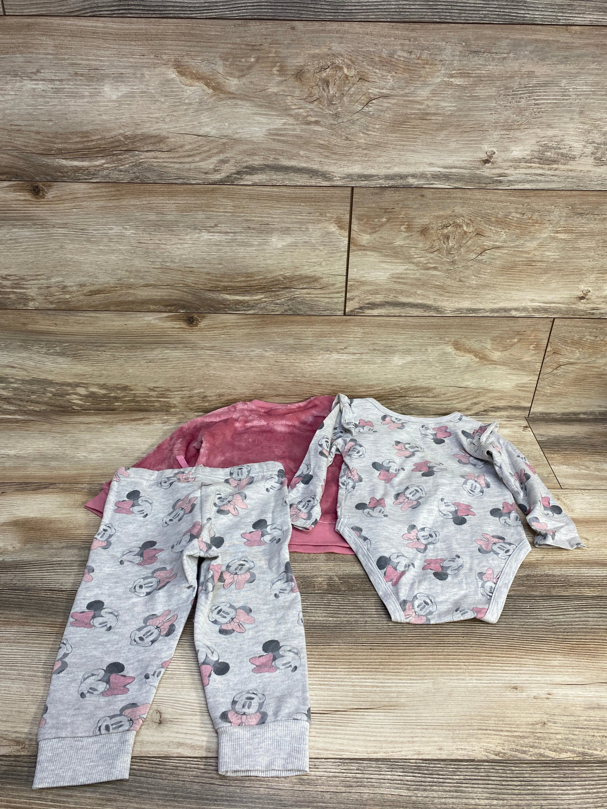 Disney Baby 3pc Plush Minnie Mouse Sweatshirt & Bodysuit Set Pink sz 18m