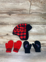 NEW Simple Joys Buffalo Plaid Trapper Hat and Mitten Set Red/Black sz 2-5T