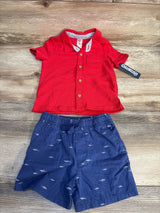 OshKosh 18m red button-up shirt and blue shark print shorts for baby boy