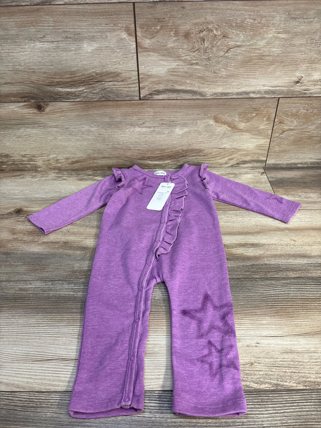 Purple baby romper with star prints and ruffle details, ideal for infants and toddlers.