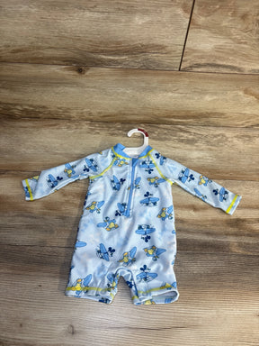 Baby boys' long-sleeve rash guard swim suit with Mickey & Donald surfboard print, size 6M, on hanger