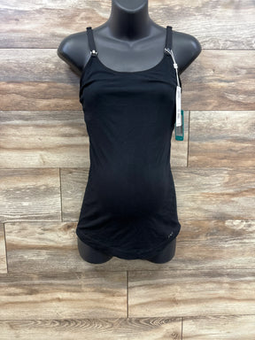 Black adjustable strap maternity tank top on black mannequin against wood background