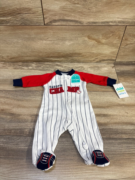 Front view of Child of Mine Daddy’s Champ white preemie sleeper with red sleeves, navy pinstripes, and footed legs