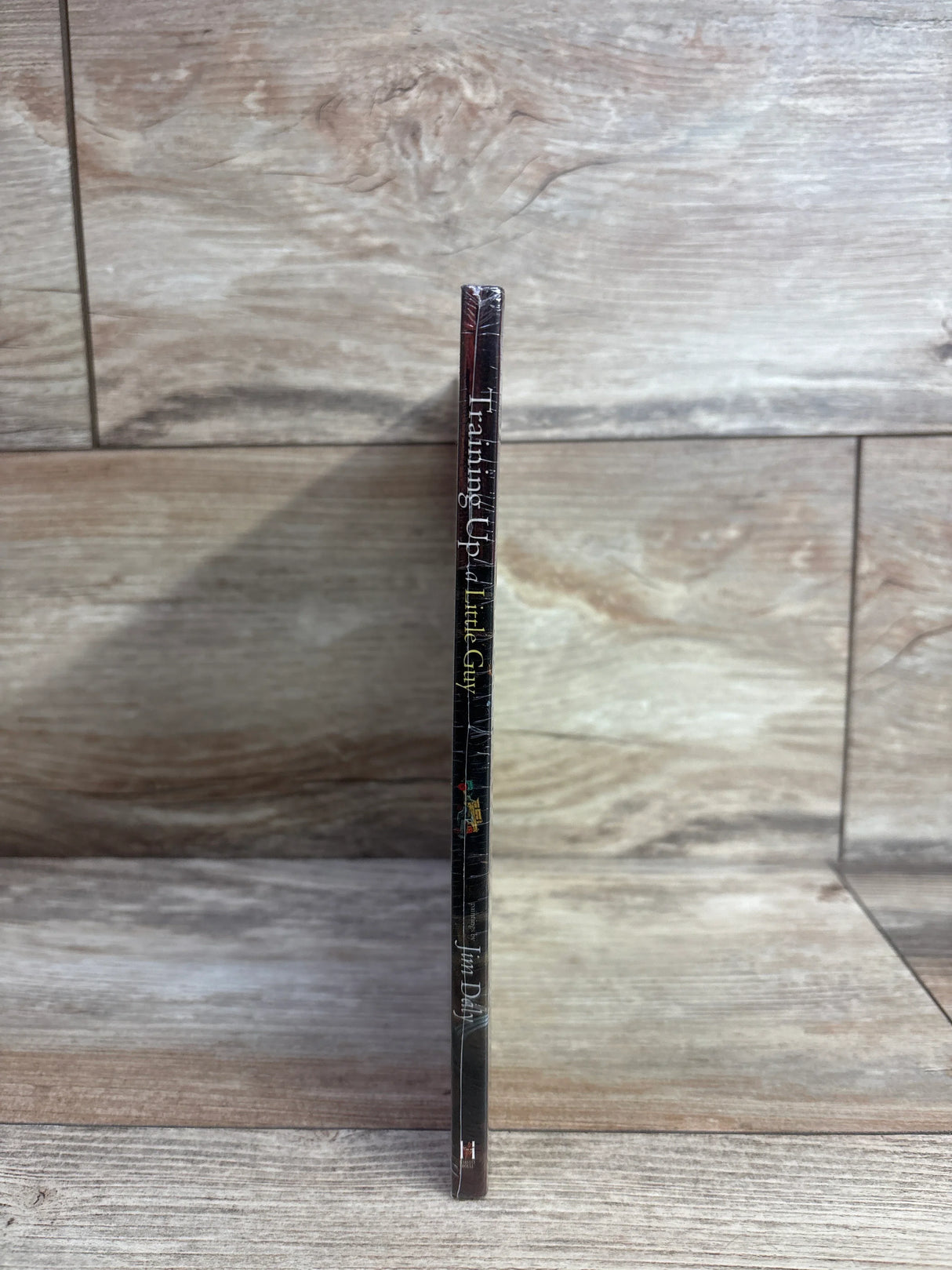 Spine of children's book Training Up a Little Guy by Jim Daly displayed vertically on wood tile background