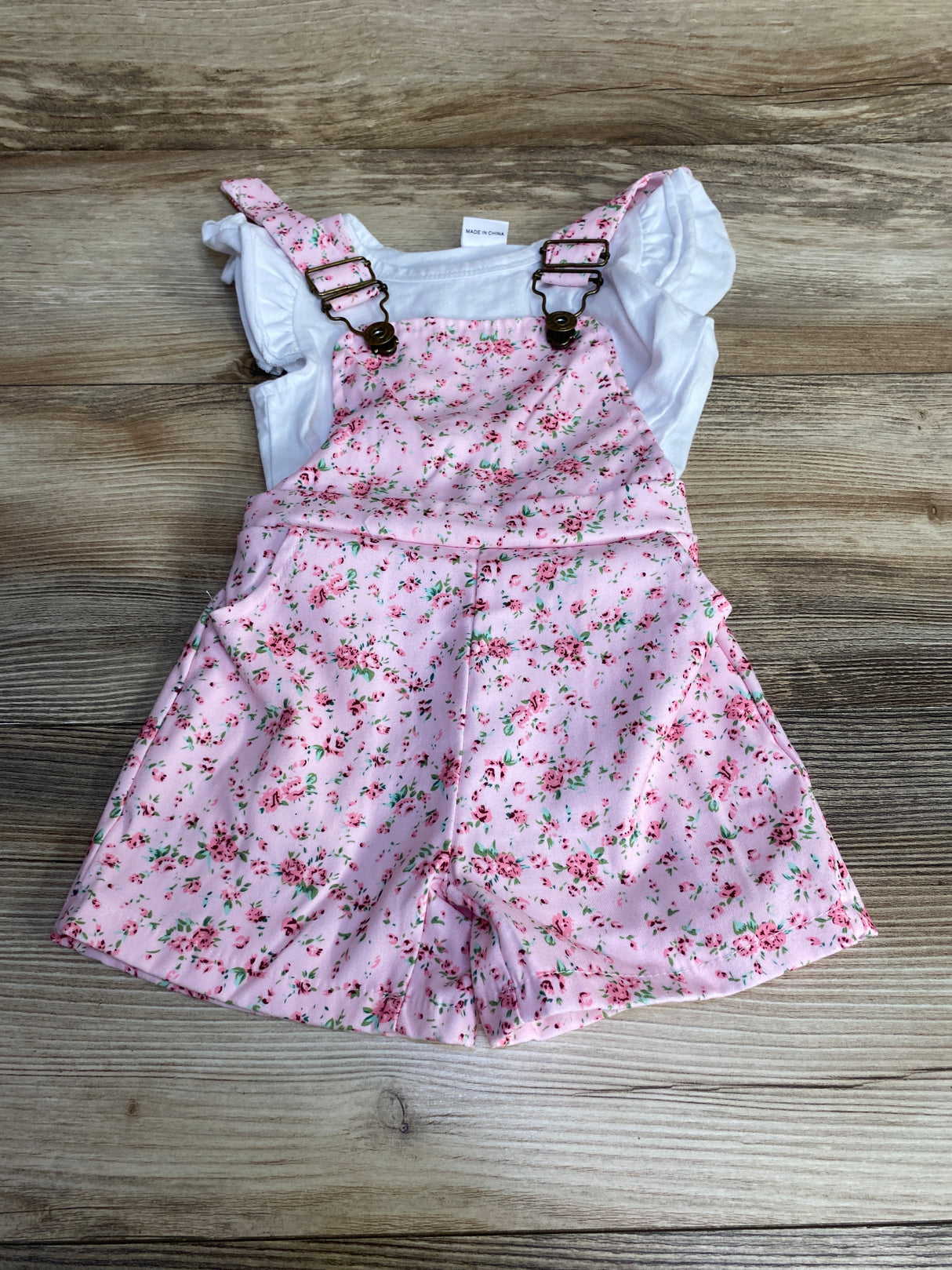 2pc Shirt & Floral Shortalls White/Pink sz 18-24m