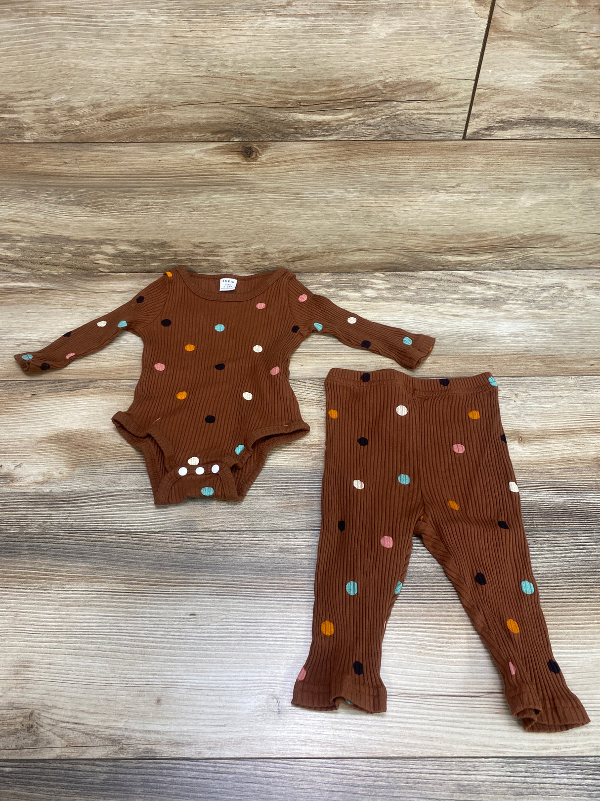 Shein 2pc Polka Dot Ribbed Bodysuit & Pants Brown sz 3-6m