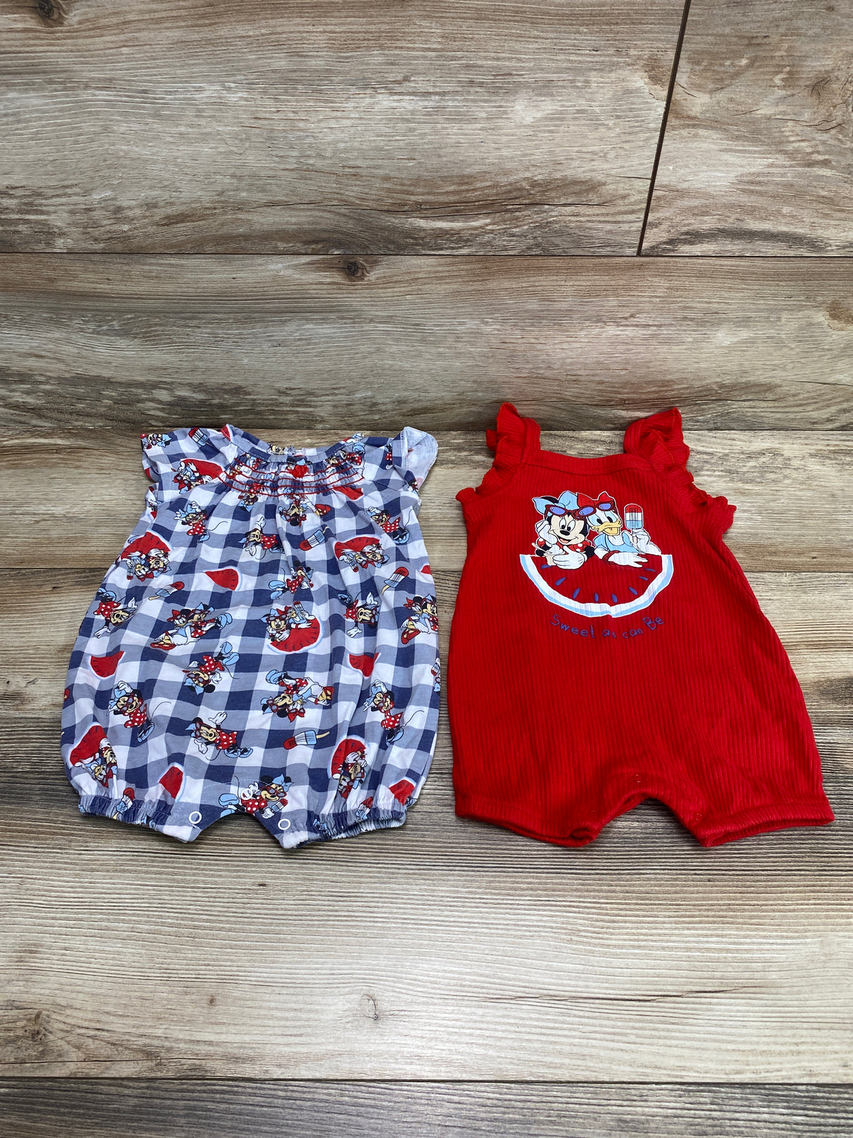 Disney Baby 2pk Minnie Mouse Rompers Blue/Red sz 12m