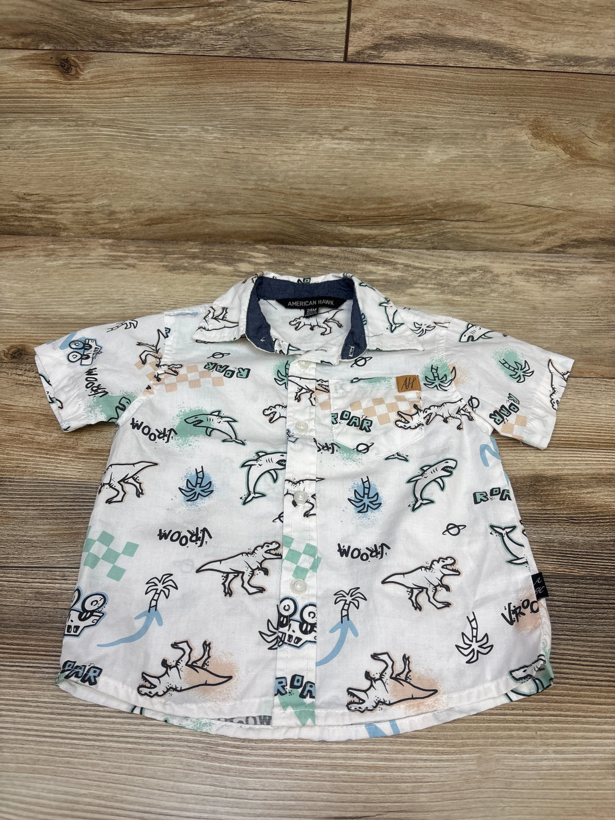 American Hawk Dinosaur Print Button Up Shirt White sz 24m