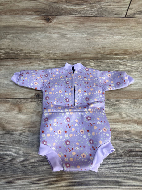 Lavender floral baby rash guard with long sleeves and front zipper, perfect for sun protection and swim time.