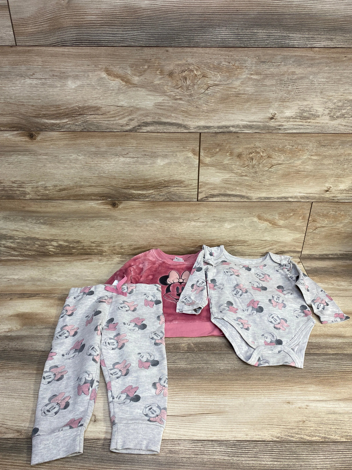 Disney Baby 3pc Plush Minnie Mouse Sweatshirt & Bodysuit Set Pink sz 18m