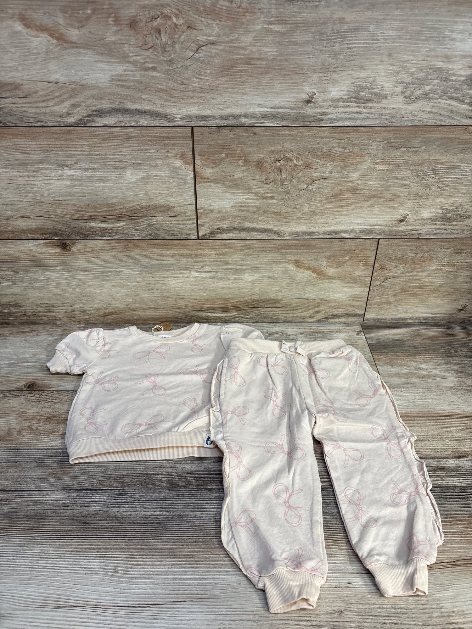 NEW Rabbit + Bear Organic 2pc Bow Print Shirt & Pants Set Beige sz 18m
