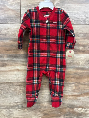 Red plaid baby onesie with footed pajamas, Levi's brand, cozy fleece sleepwear for infants