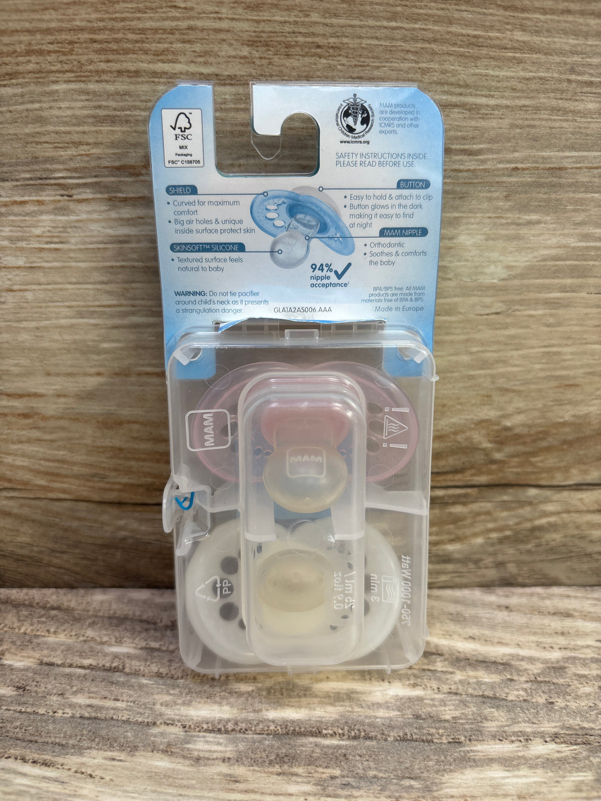 NEW MAM Original Night 2pk Pacifiers, Glow-in-the-Dark Pink/Clear 6-16m