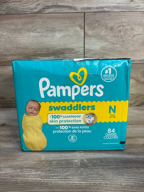 Pampers Swaddlers newborn diapers, size N, 84 count, leakproof skin protection, hypoallergenic