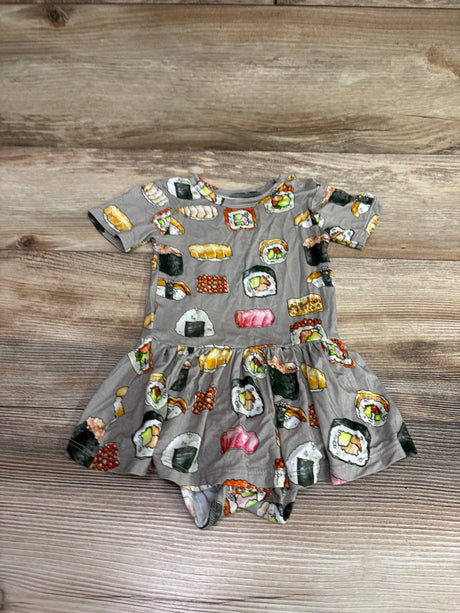 Front view of Posh P. bamboo sushi twirl skirt bodysuit dress in gray, showing short sleeves on wood-grain background